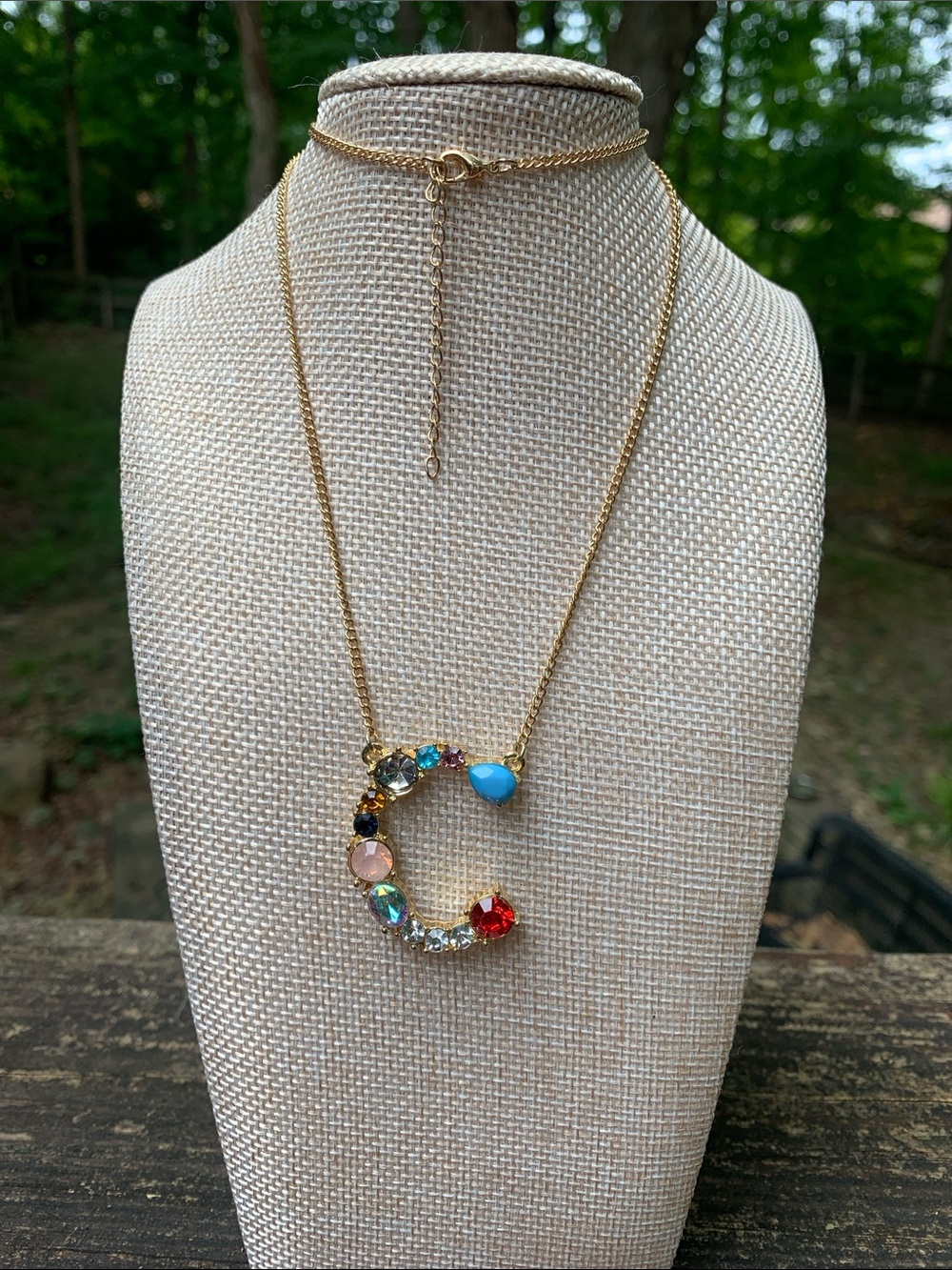 Gold Tone Multi-Color Crystal 'C' Pendant Necklace - Women's Jewelry